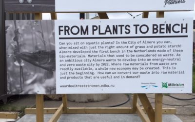 Foto van bord met de tekst: From plants to bench